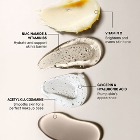Bobbi Brown Vitamin Enriched Face Base+ ingredient swatches showing Niacinamide, Vitamin C, Acetyl Glucosamine, and Hyaluronic Acid textures