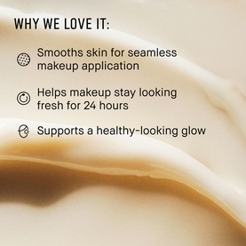 Bobbi Brown Vitamin Enriched Face Base+ benefits graphic: smooths skin, keeps makeup fresh 24 hours, supports healthy glow