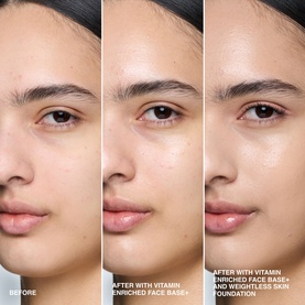 Model with Bobbi Brown Vitamin Enriched Face Base+ shown in before-and-after triptych demonstrating skin-smoothing and luminosity effect on face.