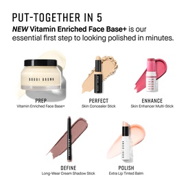 Bobbi Brown Vitamin Enriched Face Base+ skincare routine graphic showing five complementary products: moisturiser, concealer, multi-stick, shadow,