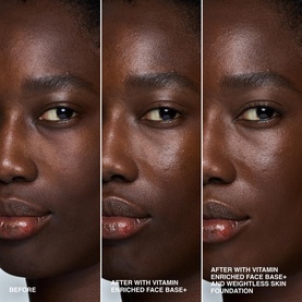 Bobbi Brown Vitamin Enriched Face Base+ before and after comparison showing three stages of application on deep skin tone model's face.