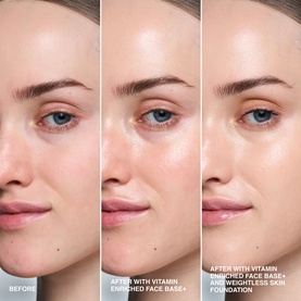 Three-panel before and after showing Bobbi Brown Vitamin Enriched Face Base+ improving skin radiance and smoothness on a model's complexion.