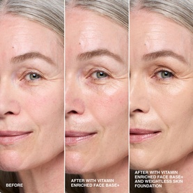 Bobbi Brown Vitamin Enriched Face Base+ before and after triptych showing progressive skin improvement on a mature model's complexion