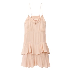 Bash pink sleeveless mini dress with spaghetti straps, button detail, smocked bodice and tiered ruffle skirt