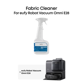 Eufy Fabric Cleaner 473ml spray bottle shown alongside compatible Eufy Robot Vacuum Omni E28 docking station in dark grey.