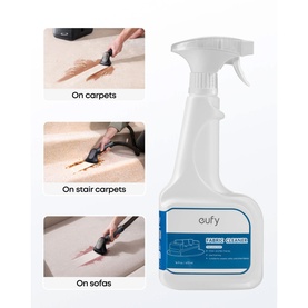 Eufy Fabric Cleaner 473ml spray bottle in white, shown in use on carpets, stair carpets, and sofas in lifestyle panels