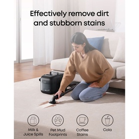 Eufy Fabric Cleaner 473ml in use on carpet, removing milk, juice, pet mud, coffee and cola stains, with cleaning device attached