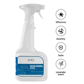 Eufy Fabric Cleaner 473ml spray bottle in white with blue label, shown with effective, healthy, safe and lavender scent icons