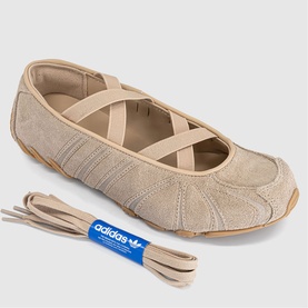 Adidas ballet flat in Magic Beige suede with cross-strap detailing, gum sole, shown with spare beige laces