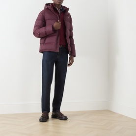 Model wearing Gant Darkened Wine casual jacket with hood, styled with dark jeans and brown leather shoes