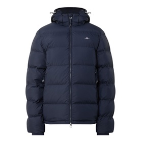 Gant Evening Blue casual puffer jacket with hood, zip fastening, and quilted panels. 100% polyester outer.