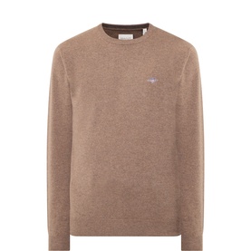 Gant light brown melange wool crew neck jumper with small logo embroidery on chest, ribbed cuffs and hem