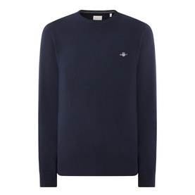 Gant navy wool crew neck jumper with embroidered logo badge on chest, ribbed cuffs and hem