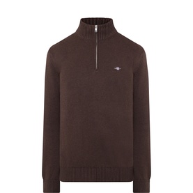 Gant Black Brown Melange cotton half-zip jumper with ribbed cuffs, hem, and collar, featuring small embroidered logo chest badge.