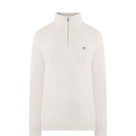 Gant Half Zip knit in Seed Melange, ribbed cuffs and hem, silver zip, embroidered logo at chest