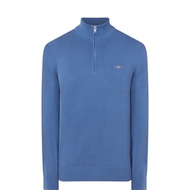 Gant Blue Horizon cotton half-zip knit sweater with ribbed cuffs, hem, and mock neck collar with silver zip detail.