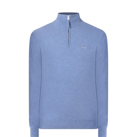 Gant Blue Horizon wool half-zip jumper with ribbed collar and embroidered chest logo, no model.