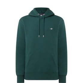 Gant Tartan Green pullover hoodie with front kangaroo pocket, drawstring hood, and embroidered shield logo on chest