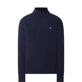 Gant Evening Blue wool cable-knit sweater with half-button mock neck and embroidered logo