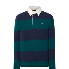 Gant Dark Emerald striped wool polo with navy block stripes, cream collar, and embroidered chest logo. Long-sleeved.