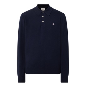 Gant Shield Logo Fine-Knit Polo Sweater in navy, long sleeves, three-button placket, polo collar, chest logo embroidery