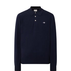 Gant Shield Logo Fine-Knit Polo Sweater in navy, long sleeves, three-button placket, polo collar, chest logo embroidery