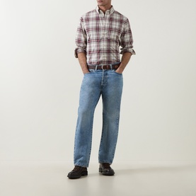 Model wearing Gant Deep Grape Wine regular fit plaid cotton shirt, styled with light blue jeans and a brown belt.