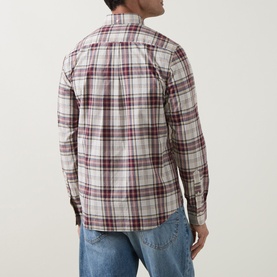 Model wearing Gant Reg Shirt in deep grape wine plaid check, rear view, styled with light blue jeans