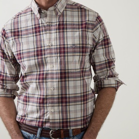 Model wearing Gant Deep Grape Wine cotton plaid regular fit shirt with button-down collar, styled with blue jeans and brown belt.