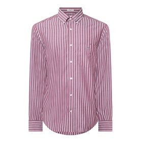 Gant Reg Shirt in deep grape wine, bold vertical stripes, button-down collar, chest pocket, long sleeves, 100% cotton