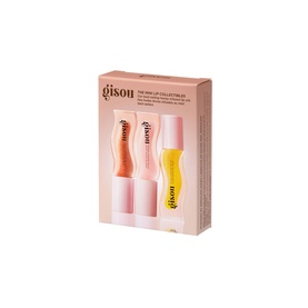 Gisou Mini Lip Collectibles make-up gift set, three lip glosses in coral, pink and yellow shades in pink gift box packaging.