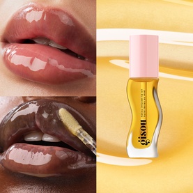 Gisou Honey Infused Lip Oil shown in golden yellow bottle with pink cap, alongside two lip swatches in nude pink and deep berry shades