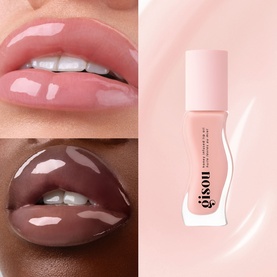 Gisou lip gloss shown alongside two lip swatches on different skin tones, demonstrating a sheer glossy pink finish