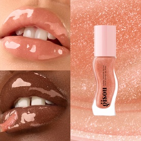 Gisou lip oil shown alongside two close-up lip swatches in sheer pink and deep brown shades, glittery pink background