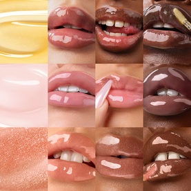 Gisou lip gloss set shown across nine models with varying skin tones, displaying shades from clear and nude to pink and chocolate brown