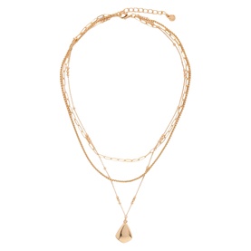 Gold-tone triple-layer chain necklace with teardrop pendant, featuring snake, paperclip, and fine chain styles with lobster clasp