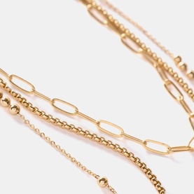 Gold-tone layered chain necklace set featuring paperclip, beaded, box, and fine chains in varying textures