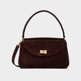 Sandro brown suede top-handle bag with gold twist-lock clasp, structured flap design and detachable crossbody strap