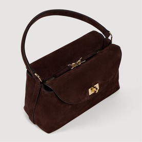 Sandro brown suede structured shoulder bag with gold twist-lock clasp and single top handle