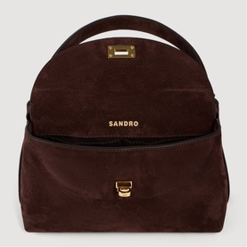 Sandro brown suede backpack with gold-tone hardware, top handle, front flap pocket with turn-lock closure