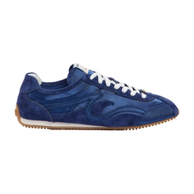 Sandro blue suede and mesh retro trainer with white laces and gum sole, women's sneaker
