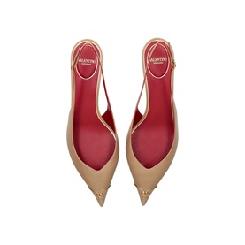 Valentino brown pointed-toe slingback flats with red leather lining and gold stud heel detail, top-down view