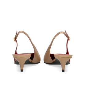Valentino brown leather slingback kitten heel pumps, gold buckle fastening, red lining, seen from behind as a pair