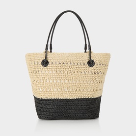 InWear Nature tote bag in woven paper straw, two-tone natural and black colourblock design, short black handles and button detail