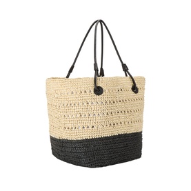 InWear Nature tote bag in woven raffia with black base panel, black leather handles and button detail