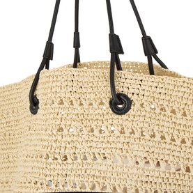 InWear nature woven paper straw tote bag, close-up of crochet weave detail with black leather-look knotted handles