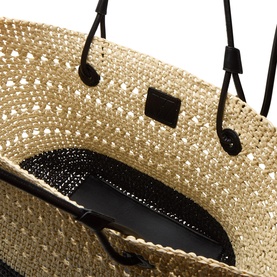 InWear nature toned woven paper straw tote bag with black leather handles and contrast black interior lining
