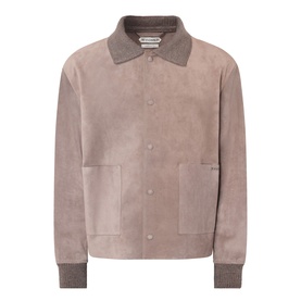 JW Anderson Mouse Grey suede casual jacket with contrast collar, press-stud fastening, patch pockets and ribbed cuffs and hem