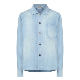 JW Anderson Slant Pocket Denim Shirt in pale blue, pointed collar, chest pocket, button fastenings, long sleeves, straight hem