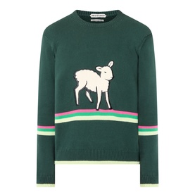 JW Anderson Sheep Stripe Sweater in dark fir green, crew neck, intarsia lamb motif, pink and mint stripe detail at hem and cuffs